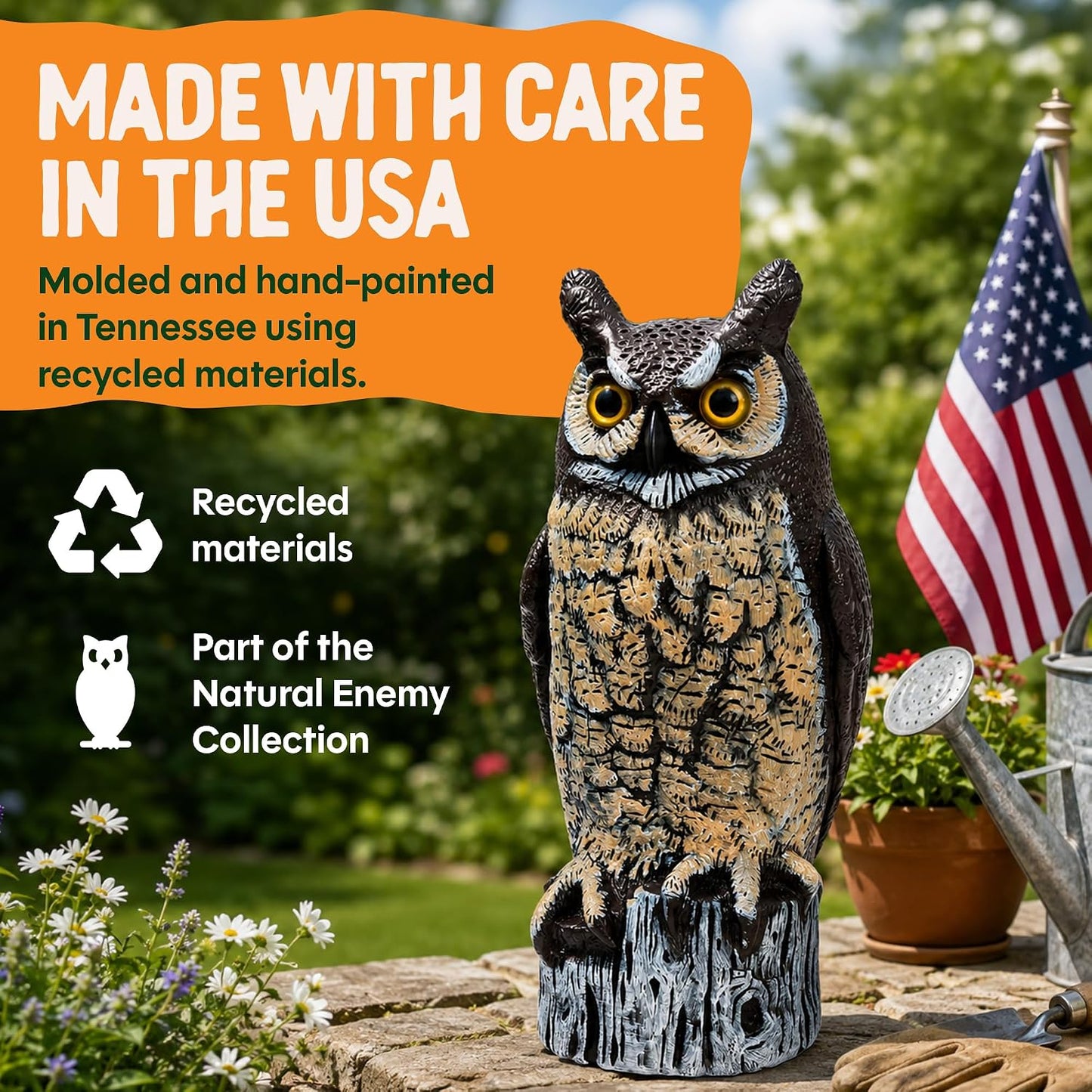 Lifelike Great Horned Owl Decoy Bird Repellent - 16-In Hand-Painted