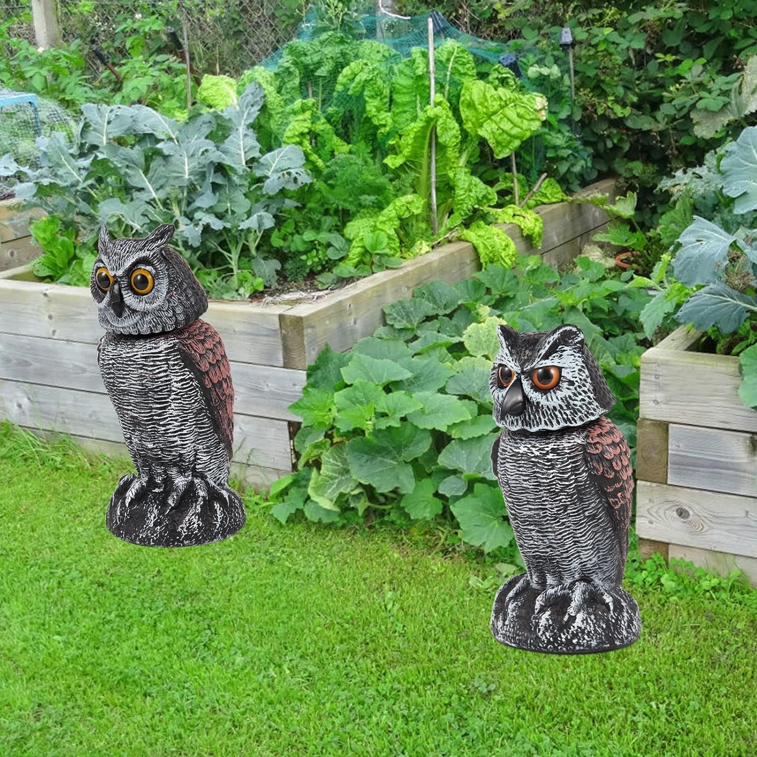 2 Pack Fake Owl Decoys to Scare Birds Away, Rotating Head Bird Deterrents, Nature Enemy Scarecrow Plastic Statues, Pest Repellent for Gardens and Patios