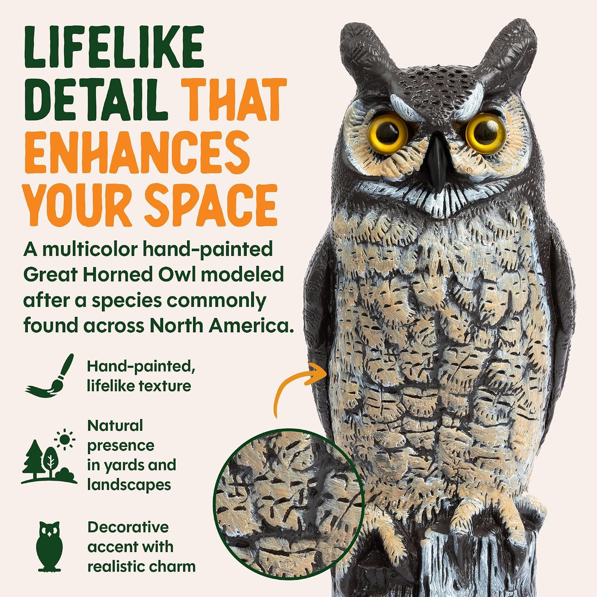 Lifelike Great Horned Owl Decoy Bird Repellent - 16-In Hand-Painted