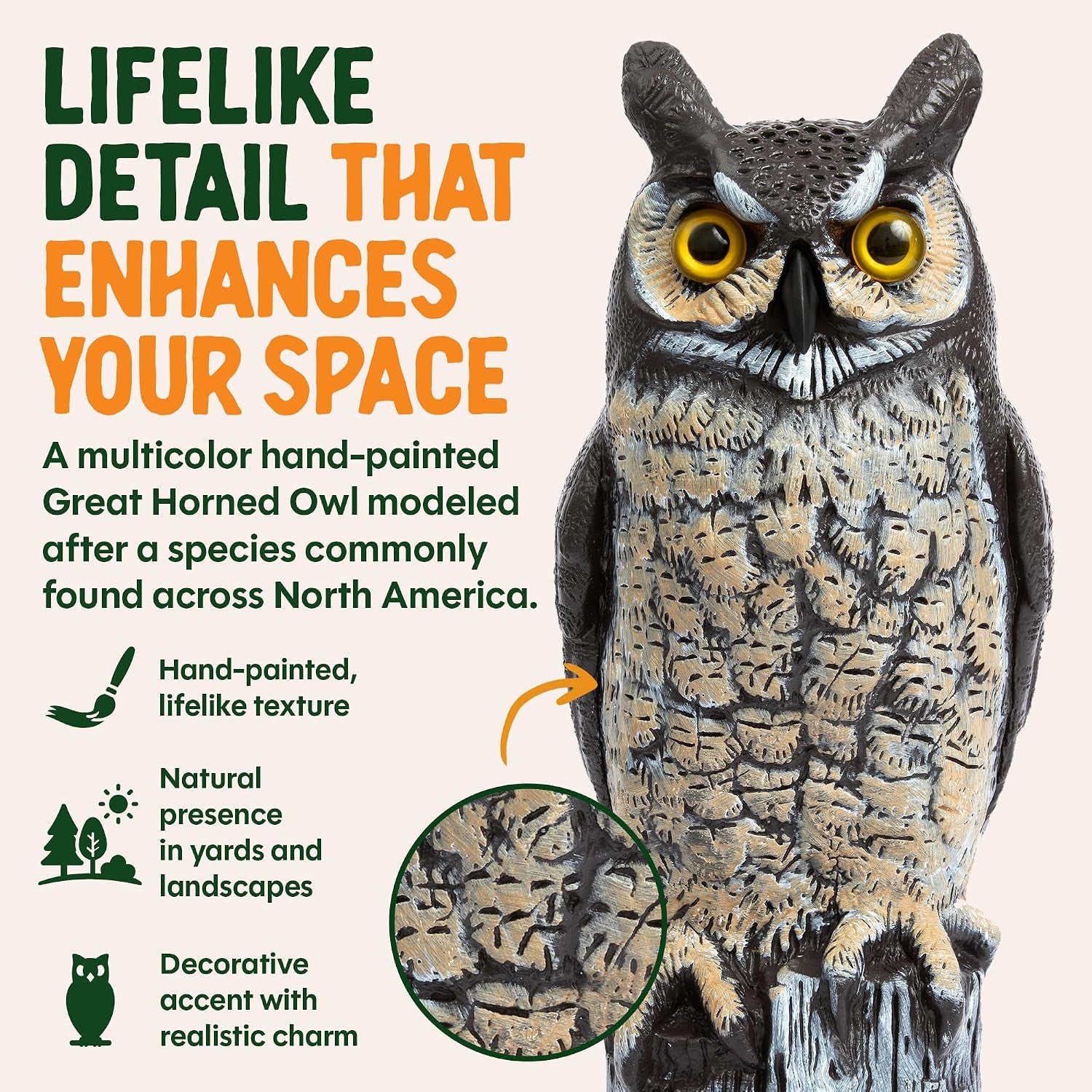 Lifelike Great Horned Owl Decoy Bird Repellent - 16-In Hand-Painted