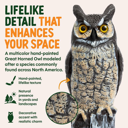 Lifelike Great Horned Owl Decoy Bird Repellent - 16-In Hand-Painted