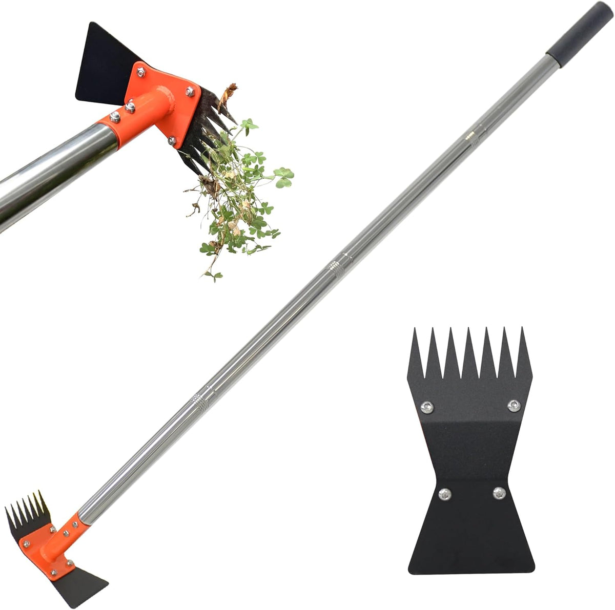 2-In-1 Garden Hoe and Weed Puller Rake 60 Inch Spring Steel Head Adjustable Long Handle Weeding Tool Heavy Duty Sand Texture Finish, Weed Remover for Garden, Yard, Lawn, Driveway