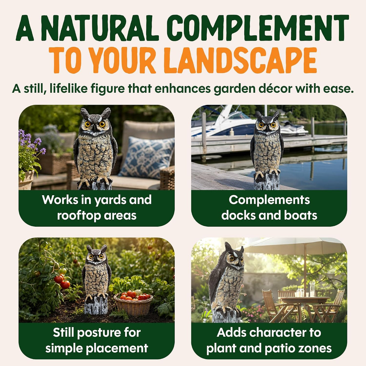 Lifelike Great Horned Owl Decoy Bird Repellent - 16-In Hand-Painted