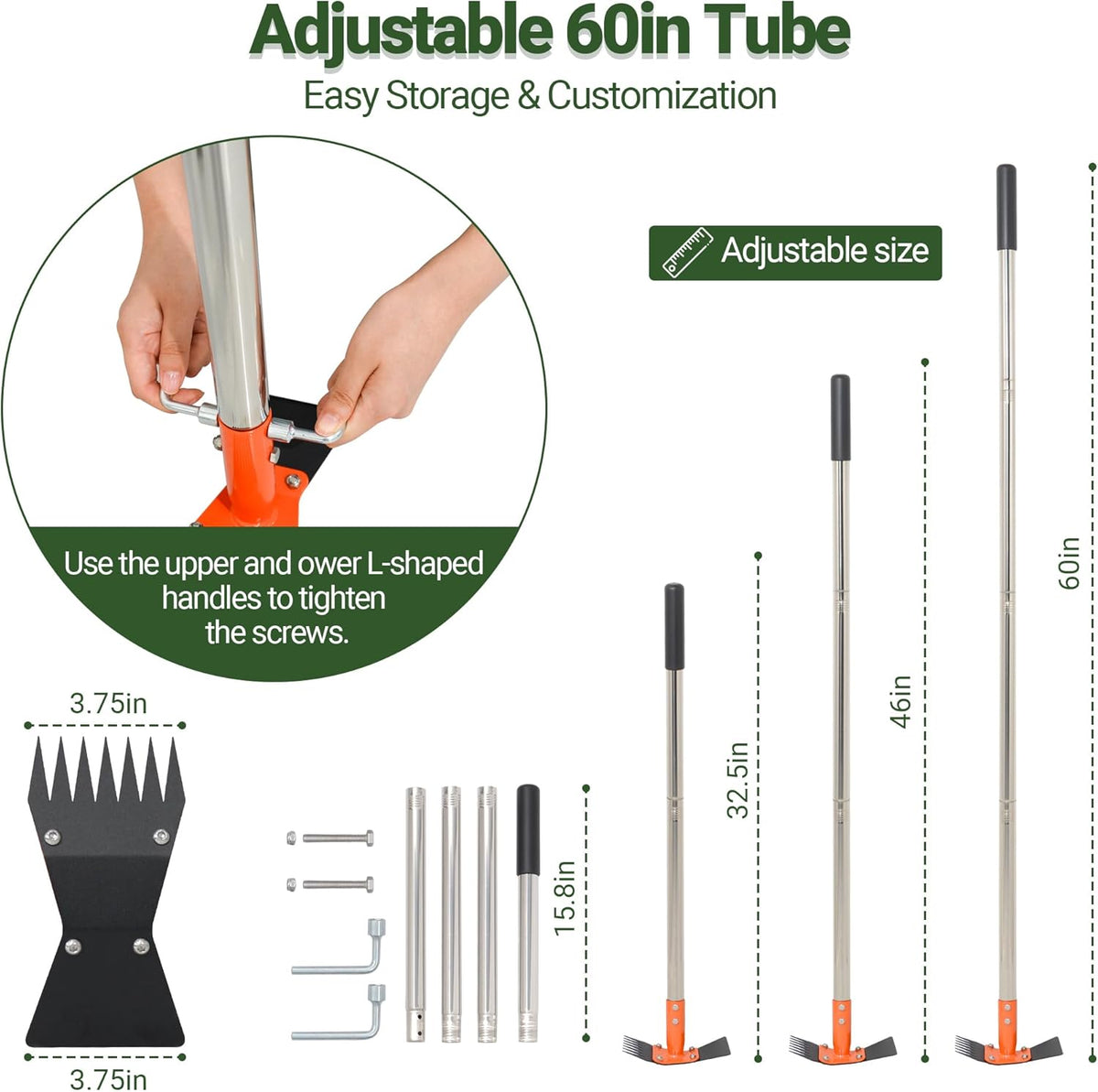 2-In-1 Garden Hoe and Weed Puller Rake 60 Inch Spring Steel Head Adjustable Long Handle Weeding Tool Heavy Duty Sand Texture Finish, Weed Remover for Garden, Yard, Lawn, Driveway