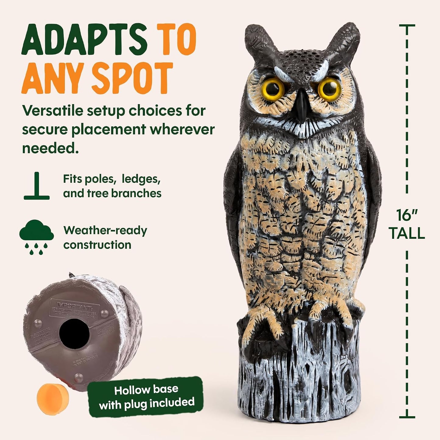 Lifelike Great Horned Owl Decoy Bird Repellent - 16-In Hand-Painted