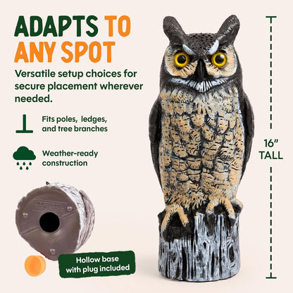 Lifelike Great Horned Owl Decoy Bird Repellent - 16-In Hand-Painted