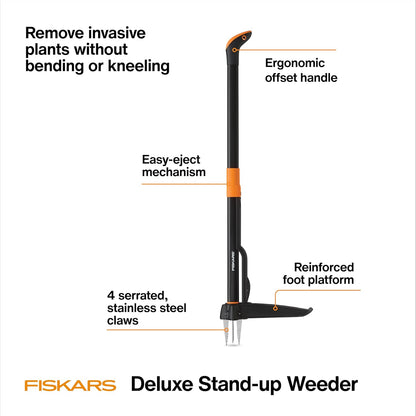 Fiskars Deluxe Stand-Up Weed Puller Tool, 4 Serrated Stainless Steel Claws
