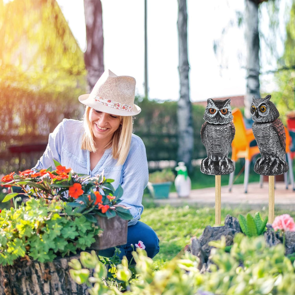 2 Pack Fake Owl Decoys to Scare Birds Away, Rotating Head Bird Deterrents, Nature Enemy Scarecrow Plastic Statues, Pest Repellent for Gardens and Patios