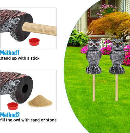 2 Pack Fake Owl Decoys to Scare Birds Away, Rotating Head Bird Deterrents, Nature Enemy Scarecrow Plastic Statues, Pest Repellent for Gardens and Patios