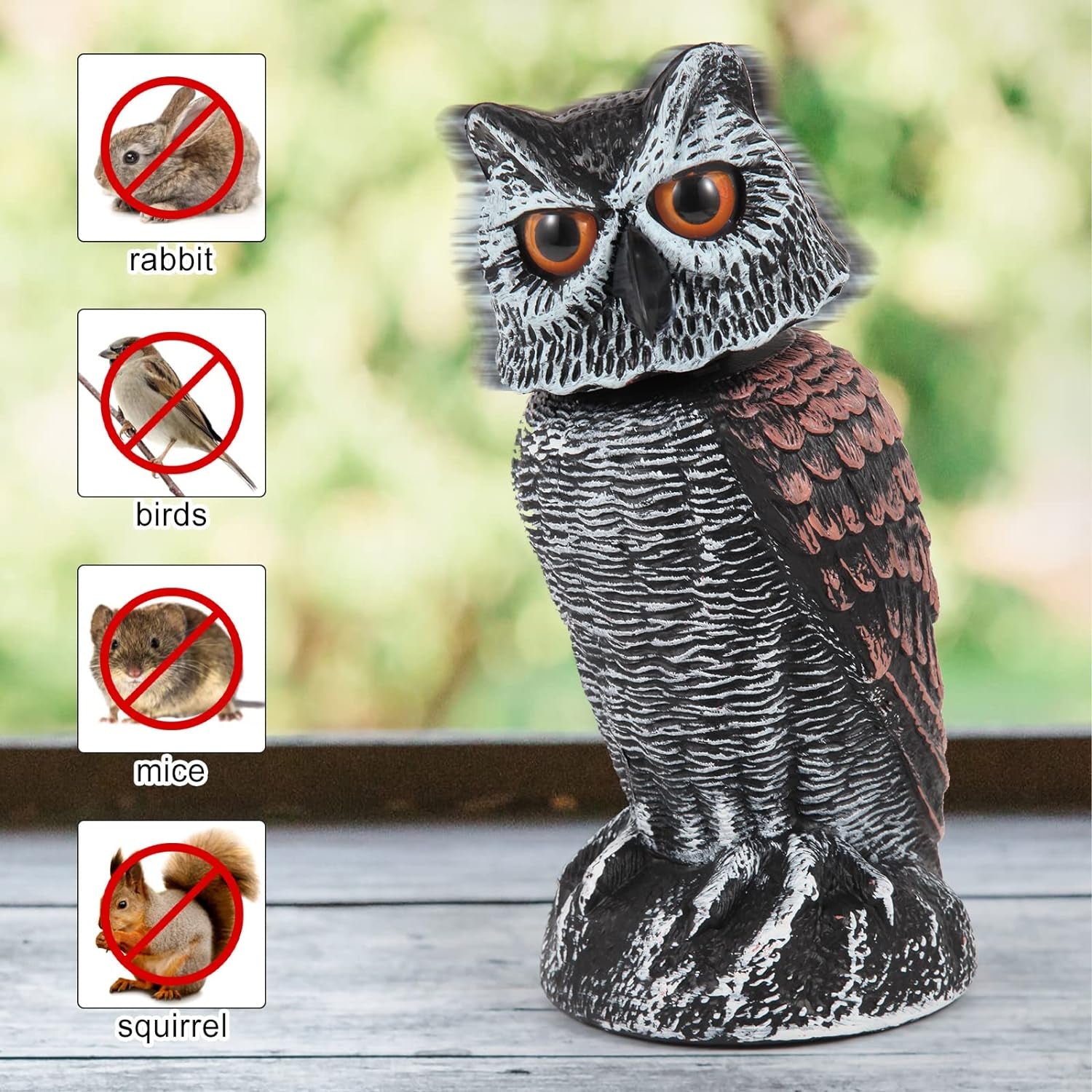 2 Pack Fake Owl Decoys to Scare Birds Away, Rotating Head Bird Deterrents, Nature Enemy Scarecrow Plastic Statues, Pest Repellent for Gardens and Patios