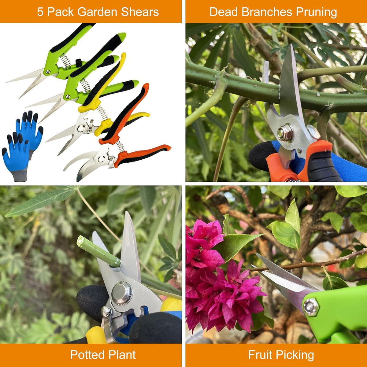 Pruning Shears, 5 Pack Garden Shears with Gardening Gloves, Clippers Handheld, Stainless Steel Garden Snips,  Pruners for Gardening