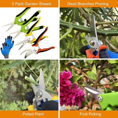 Pruning Shears, 5 Pack Garden Shears with Gardening Gloves, Clippers Handheld, Stainless Steel Garden Snips,  Pruners for Gardening