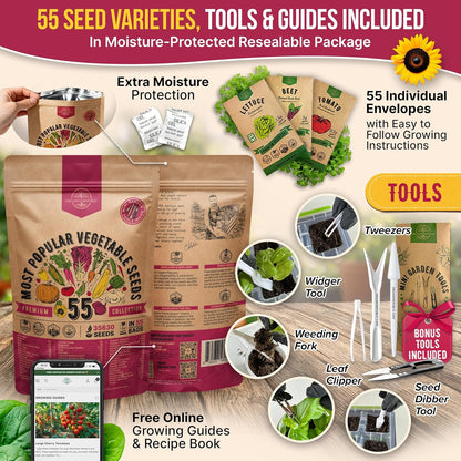 55 Vegetable Seeds Variety Pack - 35,600+ Non-Gmo Heirloom Seeds for Planting Vegetables and Fruits in Individual Seed Packets, Home Garden Seeds for Hydroponic, Indoor and Outdoors Gardening
