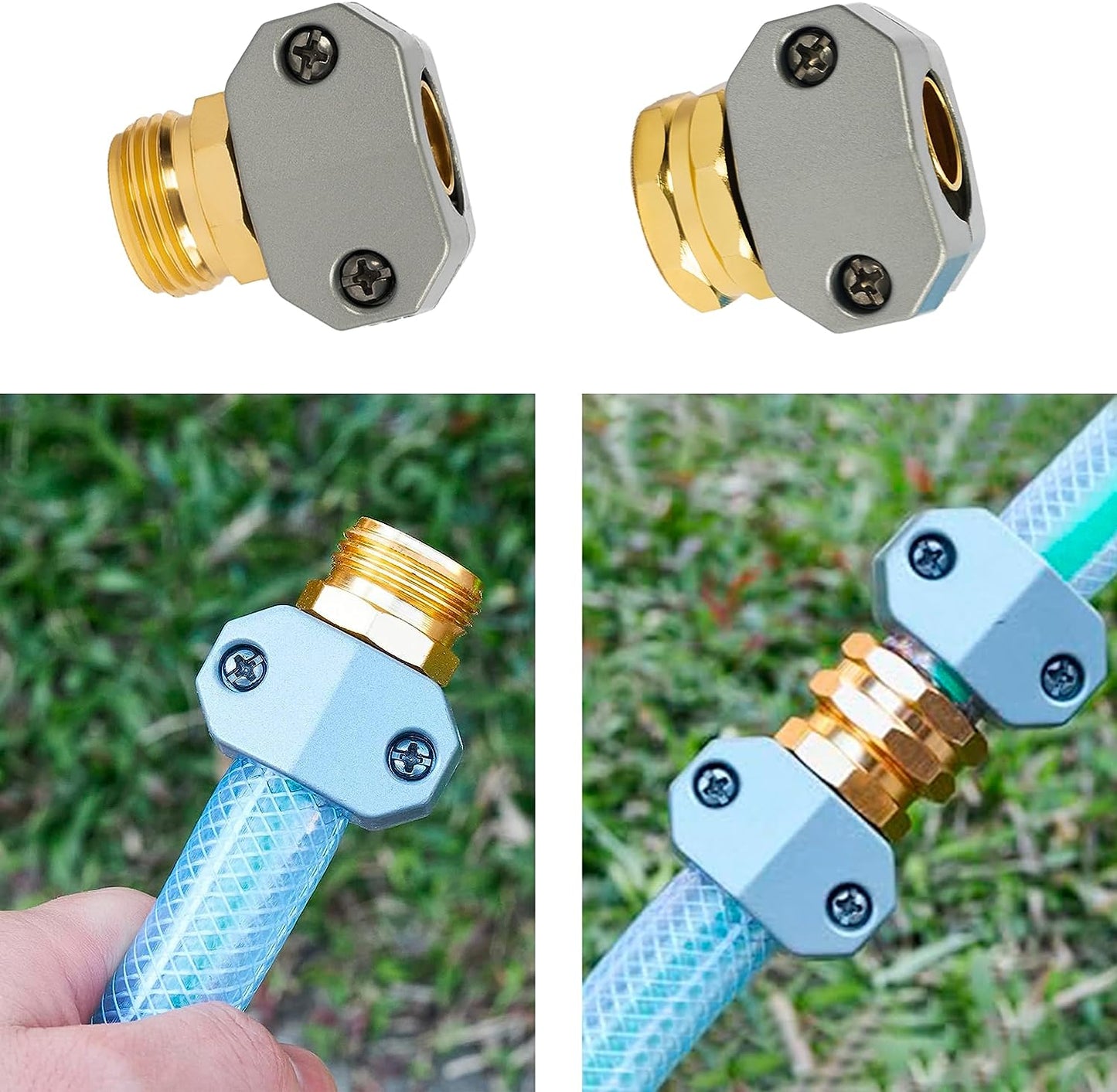 Garden Hose Repair Kit, 2 Sets Aluminum Alloy Garden Hose End Mender, Male and Female Water Hose Repair Fittings, Fit 5/8" and 3/4" Connector, with 4 Extra Hose Washers