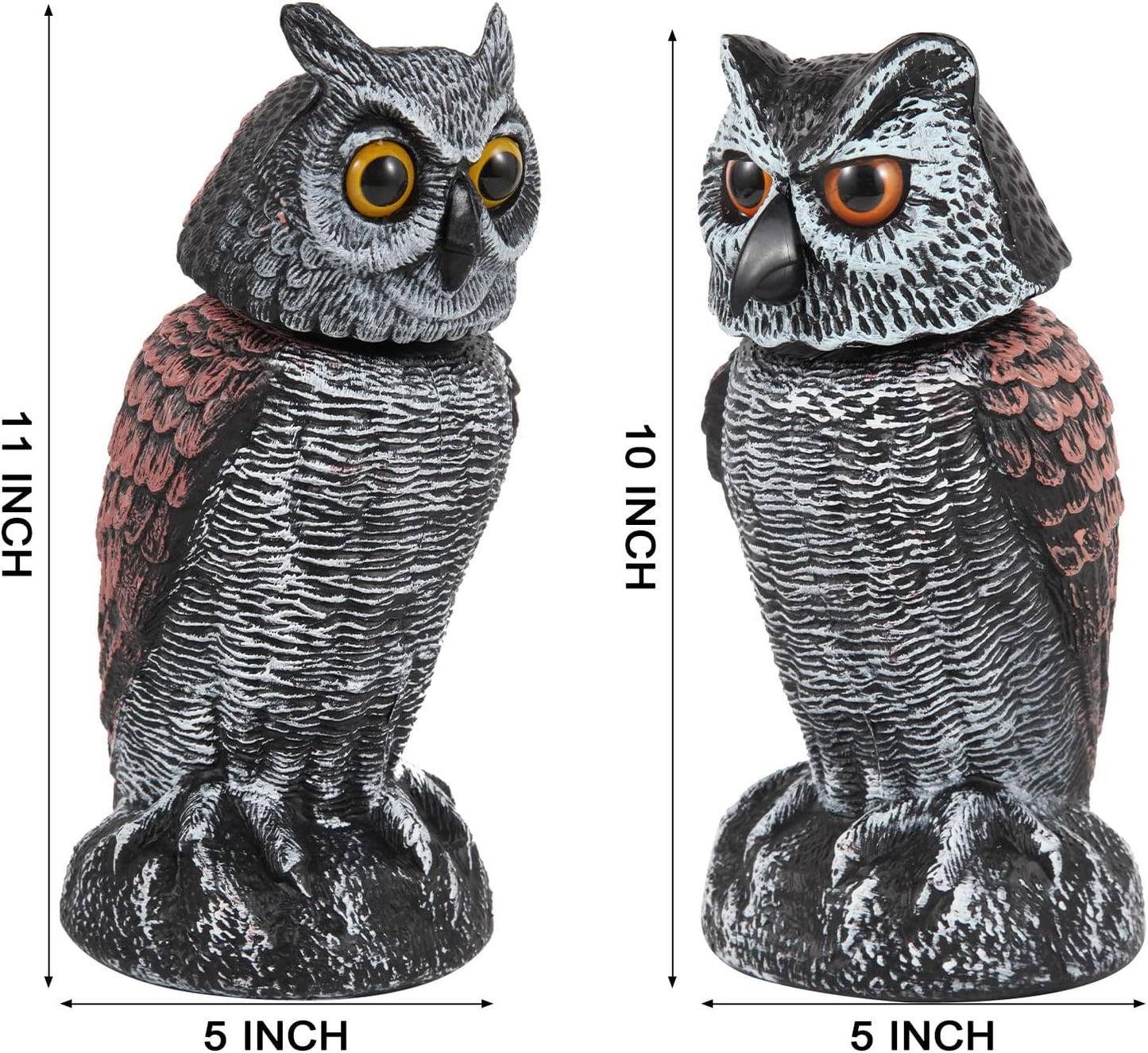 2 Pack Fake Owl Decoys to Scare Birds Away, Rotating Head Bird Deterrents, Nature Enemy Scarecrow Plastic Statues, Pest Repellent for Gardens and Patios