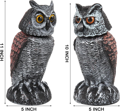 2 Pack Fake Owl Decoys to Scare Birds Away, Rotating Head Bird Deterrents, Nature Enemy Scarecrow Plastic Statues, Pest Repellent for Gardens and Patios