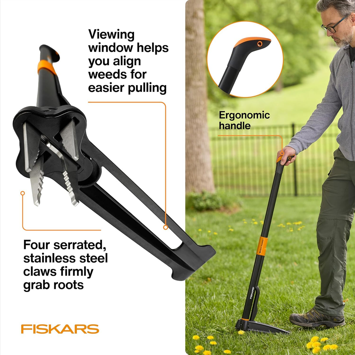 Fiskars Deluxe Stand-Up Weed Puller Tool, 4 Serrated Stainless Steel Claws