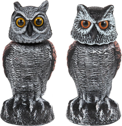 2 Pack Fake Owl Decoys to Scare Birds Away, Rotating Head Bird Deterrents, Nature Enemy Scarecrow Plastic Statues, Pest Repellent for Gardens and Patios