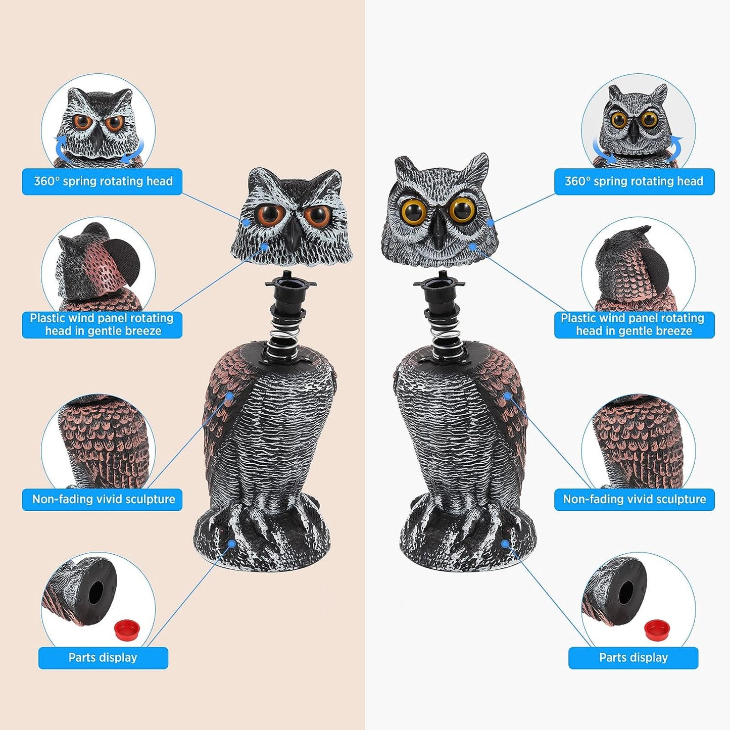 2 Pack Fake Owl Decoys to Scare Birds Away, Rotating Head Bird Deterrents, Nature Enemy Scarecrow Plastic Statues, Pest Repellent for Gardens and Patios