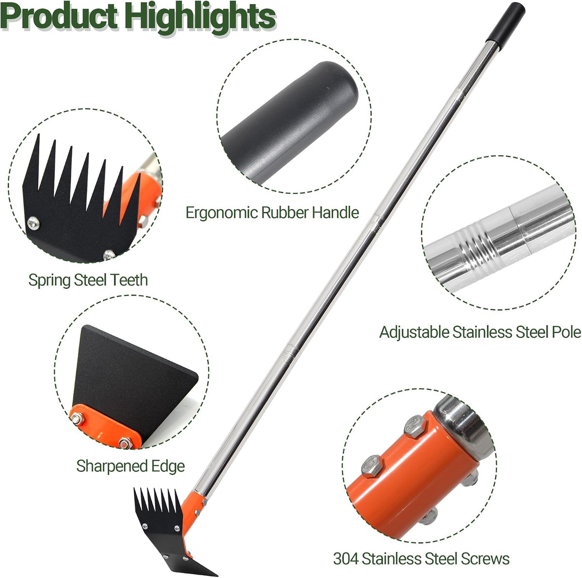 2-In-1 Garden Hoe and Weed Puller Rake 60 Inch Spring Steel Head Adjustable Long Handle Weeding Tool Heavy Duty Sand Texture Finish, Weed Remover for Garden, Yard, Lawn, Driveway