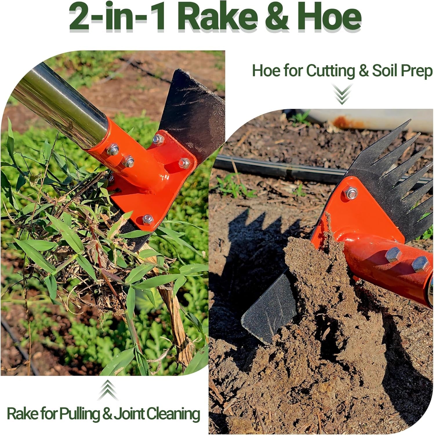 2-In-1 Garden Hoe and Weed Puller Rake 60 Inch Spring Steel Head Adjustable Long Handle Weeding Tool Heavy Duty Sand Texture Finish, Weed Remover for Garden, Yard, Lawn, Driveway