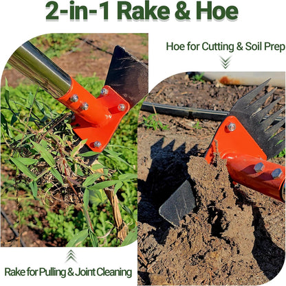 2-In-1 Garden Hoe and Weed Puller Rake 60 Inch Spring Steel Head Adjustable Long Handle Weeding Tool Heavy Duty Sand Texture Finish, Weed Remover for Garden, Yard, Lawn, Driveway